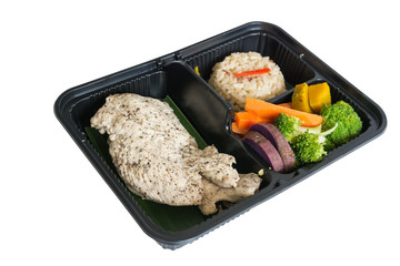 black pepper chicken served with rice and vegetable isolated, clean food good taste