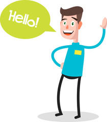 Successful young businessman character saying hello with speech bubble, front view. Business, job, professional, consultant concept. EPS10 vector illustration