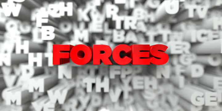 FORCES -  Red text on typography background - 3D rendered royalty free stock image. This image can be used for an online website banner ad or a print postcard.
