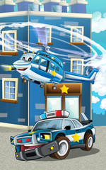 Cartoon happy and funny police car and helicopter - illustration for children
