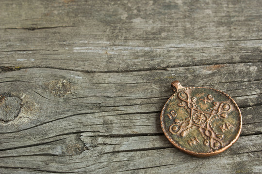 Old Copper Coin Pendant With The Symbol Of  Saint And Cross