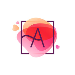 Letter A logo in square frame at pink watercolor background.