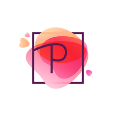 P letter logo in square frame at pink watercolor background.