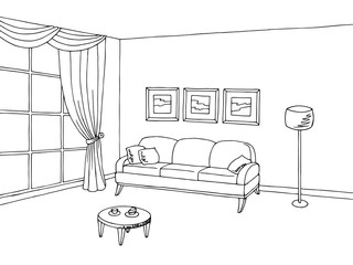 Living room interior black white sketch illustration vector