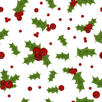 Holly Berry Natural Winter Seamless Pattern Christmas Background.