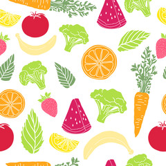 Seamless pattern with fruit and vegetable. Wallpaper with organic decor. Background with vegetarian food. Backdrop with colorful silhouette fruit and vegetable for cafe and restaurant. Vector