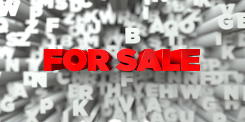 FOR SALE -  Red text on typography background - 3D rendered royalty free stock image. This image can be used for an online website banner ad or a print postcard.