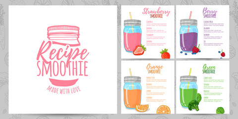 Template design banners, brochures, menus, flyers smoothie recipes. Design menu with recipes and ingredients for a smoothie. Recipes of cocktails made from fruits, vegetables and herbs. Vector