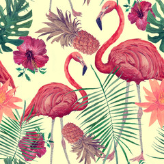 Panele Szklane Podświetlane  Akwarela wzór z flamingo, liści, kwiatów. Hanad narysowany.