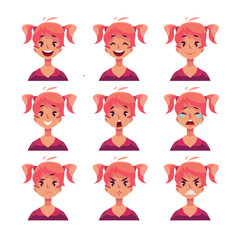 Teen girl face expression, set of cartoon vector illustrations isolated on white background. Red-haired girl with ponytails emoji face icons, set of female teen avatars with different emotions