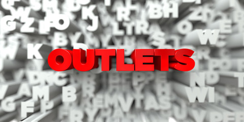 OUTLETS -  Red text on typography background - 3D rendered royalty free stock image. This image can be used for an online website banner ad or a print postcard.