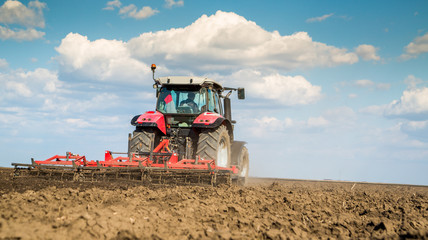 Fototapeta premium Farmer in tractor preparing land with seedbed cultivator