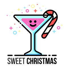 Vector christmas greeting card. Hot drink goblet with candy cane. Sugar stick in sparkling glass. Flat line style. New year festive design.