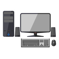 Computer, monitor, keyboard and mouse.