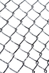 Hoarfrost on chain link fence isolated on white