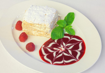 Napoleon cake with raspberries and strawberries, blueberries