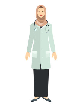 Young doctor in flat style. Women wearing hijab.