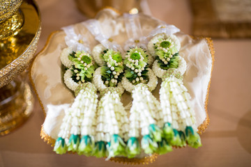 wedding flower garland in white and green (soft focus) © eriyalim
