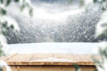 wooden desk space and winter time 