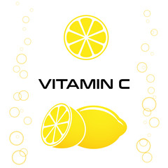 Vitamin c logo illustration with lemon and bubbles, isolated on white