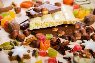 Food background with sweets and chocolate, selective focus
