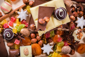 food background with chocolate and sweets