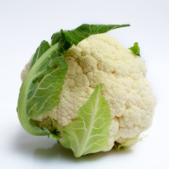 cauliflower with green leaf on white background