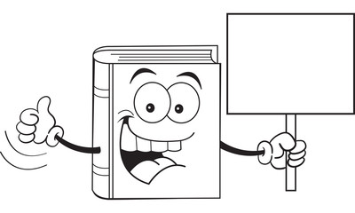 Black and white illustration of a book holding a sign.
