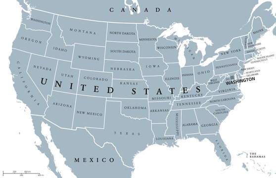 USA United States of America political map with capital Washington, single states, neighbor countries and borders except Hawaii and Alaska. Gray colored illustration with English labeling and scaling.