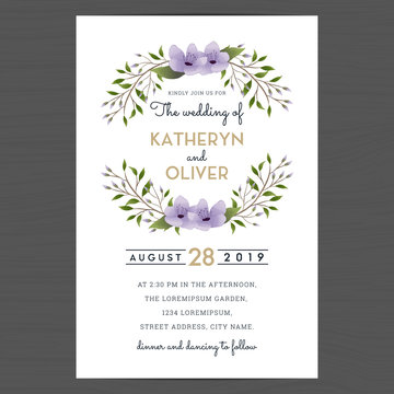 Wedding invitation card template decorate with purple flower wreath. Vector illustration.