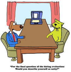 Color business cartoon about a hiring evaluation between a business dog and business cat.