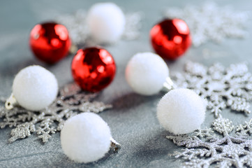 Red and white Christmas balls with snowflakes for a christmas background