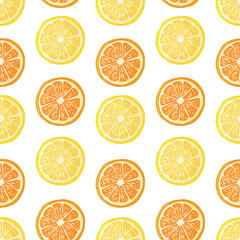 Obraz premium Seamless pattern with fruit decoration. Wallpaper with a pattern of slice orange and lemon. Fruit citrus background is for cafes, restaurants, a fabric. Vector.