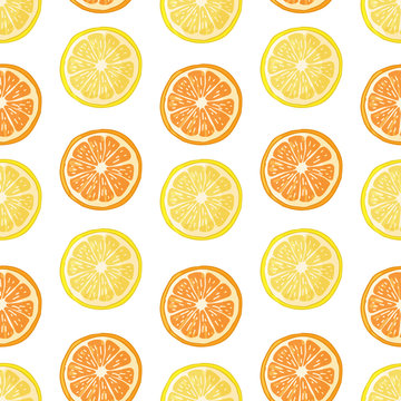 Seamless pattern with fruit decoration. Wallpaper with a pattern of slice orange and lemon. Fruit citrus background is for cafes, restaurants, a fabric. Vector.