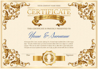 Vector detailed vintage style certificate of achievement. Elegant royal design for completion, appreciation or achievement certificates. Only free fonts used. Font names included in the layers