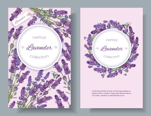Vector lavender natural cosmetic vertical banners on lilac background. Design for cosmetics, make up, beauty salon, natural and organic products, health care products,aromatherapy. With place for text - obrazy, fototapety, plakaty