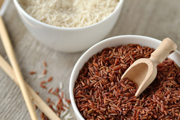 Red and white rice in bowls