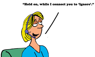 Color business illustration about a customer service rep connecting a consumer to 'ignore'.