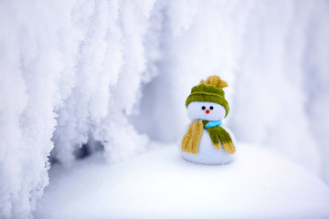  A little snowman in a hat and scarf.