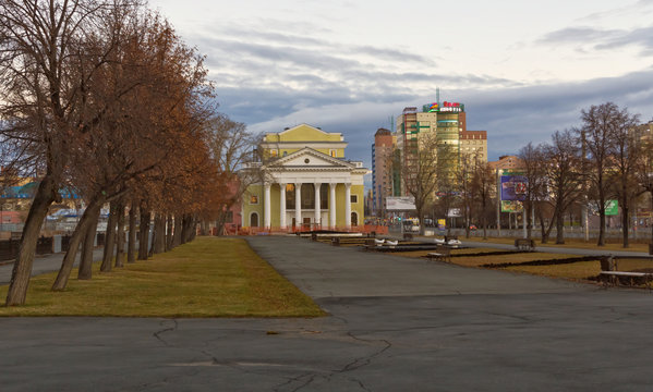 The central street and the square on the waterfront of the city of Chelyabinsk.Russia.