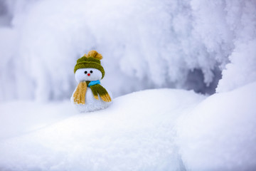  A little snowman in a hat and scarf.