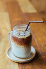 iced coffee on wood table