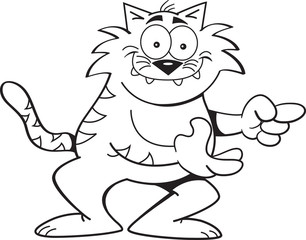Black and white illustration of a smiling cat pointing.