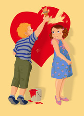 Heart shape, boy and girl in love. Boy in love draws on the wall a heart shape for pretty girl. Vector illustration
