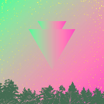 UFO poster. Vector illustration EPS10. Futuristicbackground with flying UFO over the forest. Abstract background for brochure, flyer. Minimalistic design. Creative concept.