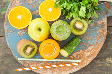 vegetable cocktail and ingredients on a table, selective focus
