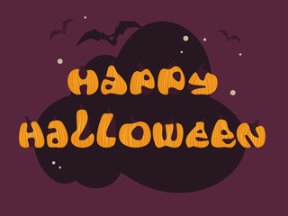 Happy Halloween. Text of pumpkins on a background of dark clouds. Departing bats. Vector illustration.