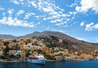 Aerial panoramic view of the pictorial old port  Symi island in Greece