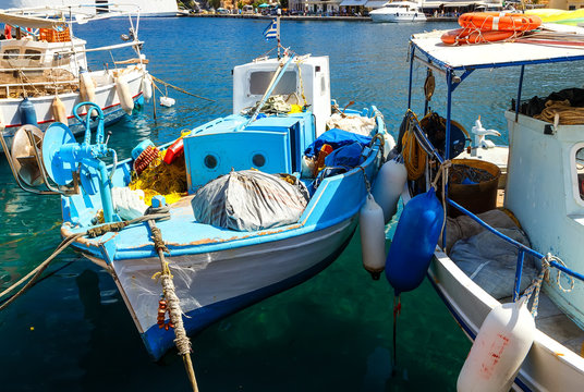 fishing boats in harbor of Symi Island. Greece, Europe