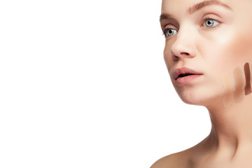 Fototapeta premium Woman with healthy young skin and three cream mark